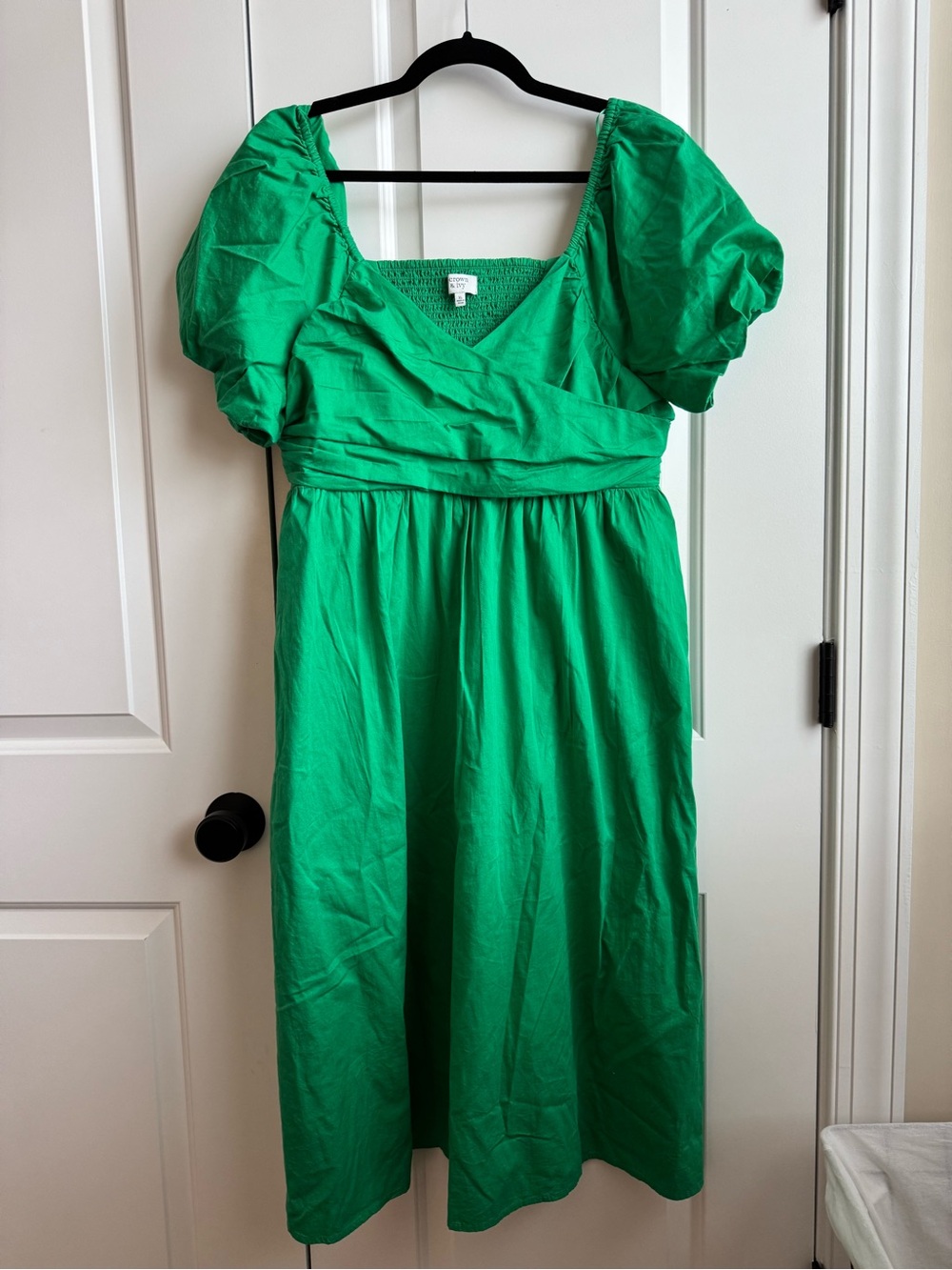 Crown & Ivy Kelly Green Smocked Puff Sleeve Cotton Midi Dress XL